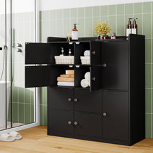 Bathroom Storage Cabinet Freestanding Floor Organizer with 8 Doors & Shelves, Waterproof P2 MDF, Modern Black Cupboard for Bathroom, Entryway & Living Room