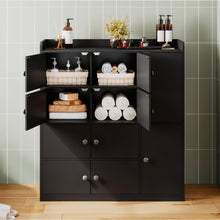 Bathroom Storage Cabinet Freestanding Floor Organizer with 8 Doors & Shelves, Waterproof P2 MDF, Modern Black Cupboard for Bathroom, Entryway & Living Room