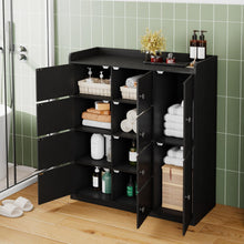 Bathroom Storage Cabinet Freestanding Floor Organizer with 8 Doors & Shelves, Waterproof P2 MDF, Modern Black Cupboard for Bathroom, Entryway & Living Room