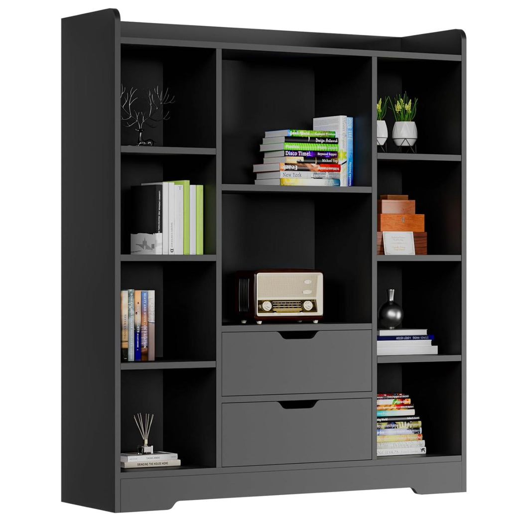 Modern Black Bookshelf with Drawers & Adjustable Shelves – 47