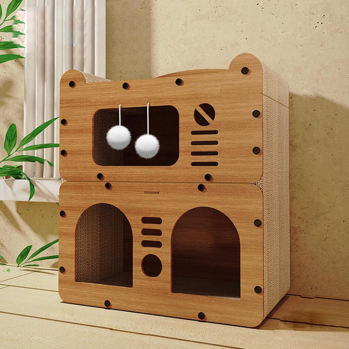 Double-Layer Cat House with Scratching Surface and Plush Balls, Multi-Level Cat Condo Bed, Durable Corrugated Paper Cat Furniture for Indoor Cats, 48×24×54 cm