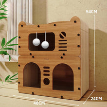 Double-Layer Cat House with Scratching Surface and Plush Balls, Multi-Level Cat Condo Bed, Durable Corrugated Paper Cat Furniture for Indoor Cats, 48×24×54 cm