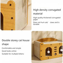 Double-Layer Cat House with Scratching Surface and Plush Balls, Multi-Level Cat Condo Bed, Durable Corrugated Paper Cat Furniture for Indoor Cats, 48×24×54 cm