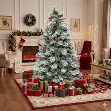 6.2FT Snow Flocked Artificial Christmas Tree PE & PVC Tips with Pinecones & Red Berries | Easy 3-Section Assembly, Metal Stand Indoor Holiday Home