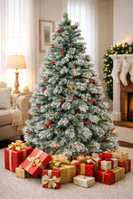 6.2FT Snow Flocked Artificial Christmas Tree PE & PVC Tips with Pinecones & Red Berries | Easy 3-Section Assembly, Metal Stand Indoor Holiday Home