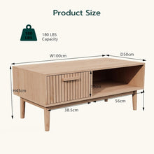 Modern Solid Wood Coffee Table with Drawer and Open Storage Shelf, Farmhouse Style Center Table for Living Room, Natural Oak Finish, 100×50×43 cm – 180 lbs Capacity