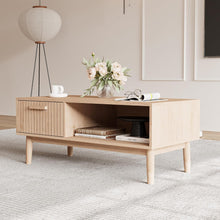 Modern Solid Wood Coffee Table with Drawer and Open Storage Shelf, Farmhouse Style Center Table for Living Room, Natural Oak Finish, 100×50×43 cm – 180 lbs Capacity