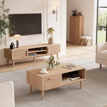 Modern Solid Wood Coffee Table with Drawer and Open Storage Shelf, Farmhouse Style Center Table for Living Room, Natural Oak Finish, 100×50×43 cm – 180 lbs Capacity