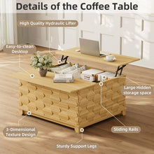Lift Top Coffee Table with Hydraulic Lift, Hidden Storage & Sliding Top Rails, 3D Textured Wood Modern Living Room Table 41.7”