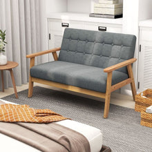 Modern 2-Seater Loveseat Sofa – Grey Tufted Linen Upholstery, Solid Rubber Wood Frame, Compact Sofa for Living Room, Bedroom & Office