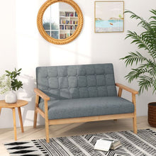Modern 2-Seater Loveseat Sofa – Grey Tufted Linen Upholstery, Solid Rubber Wood Frame, Compact Sofa for Living Room, Bedroom & Office
