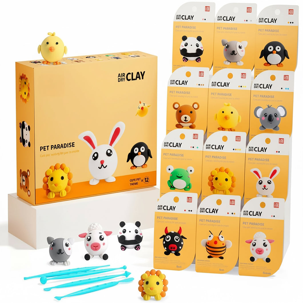 Air Dry Clay Kit for Kids, 12 Cute Animal Theme Modeling Clay Sets with Tools & Instructions – Pet Paradise Craft Kit for Boys & Girls, Non-Toxic, Educational DIY Toy Gift for Age 5+