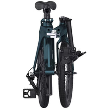 Folded Fiido X electric bike viewed from the front to show compact width