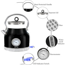 1.7L Retro Electric Kettle with Thermometer, 1500W Stainless Steel, Black - image 4