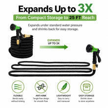 25 FT Expandable Garden Hose, Lightweight Anti Kink Flexible Garden Hose with 8 Function Nozzle, 3/4 inch Diameter, Extra Strength Fabric (Black) -
