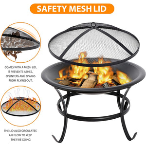 22" Steel Outdoor Wood Burning Fire Pit Bowl with Round Mesh Spark Screen Cover_Intexca