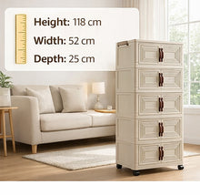 5-Tier Storage Cabinet with Doors & Wheels – Stackable Folding Organizer, Space-Saving Vertical Storage Unit for Bedroom, Living Room, Office & Kitchen