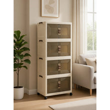 4-Tier Storage Cabinet with Doors & Wheels – Folding Stackable Organizer, Space-Saving Vertical Storage Unit for Bedroom, Living Room, Office & Kitchen