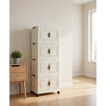 4-Tier Folding Storage Cabinet with Wheels – Stackable Plastic Organizer with Doors, Space-Saving Storage Cupboard for Bedroom, Office, Living Room & Pantry
