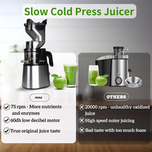 OHTE Slow Masticating Juicer 300W Cold Press Juicer with 5.1" Large Feed Chute, Stainless Steel Slow Juicer Machine for Fruits & Vegetables, Quiet 75RPM Motor