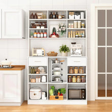 Large 8-Tier Kitchen Pantry Storage Cabinet – Freestanding Organizer with Drawers, Open Shelves, Cable Management Port & Anti-Tip Design for Kitchen, Dining Room & Home Office