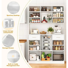 Large 8-Tier Kitchen Pantry Storage Cabinet – Freestanding Organizer with Drawers, Open Shelves, Cable Management Port & Anti-Tip Design for Kitchen, Dining Room & Home Office