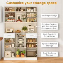Large 8-Tier Kitchen Pantry Storage Cabinet – Freestanding Organizer with Drawers, Open Shelves, Cable Management Port & Anti-Tip Design for Kitchen, Dining Room & Home Office
