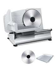 Silver electric meat slicer with adjustable thickness and removable blades