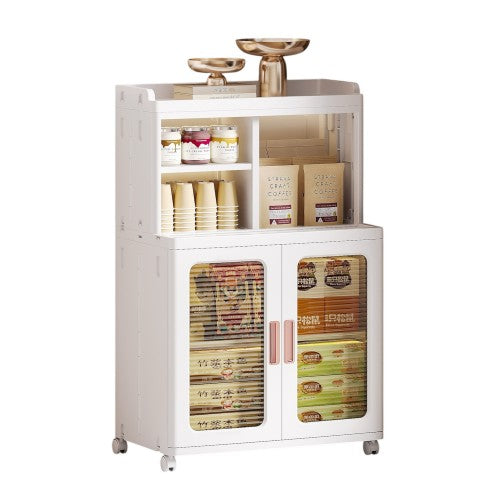 Mobile Storage Cabinet with Transparent Doors, Open Storage Shelves, 360° Rolling Wheels