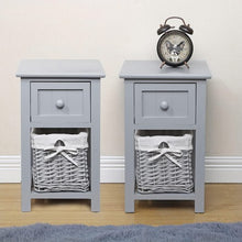 Set of 2 Nightstand, Solid Wood Bedside Table with Drawer and Wicker Basket for Home, Living Room, Bedroom 31 x 28 x 45cm (Grey)