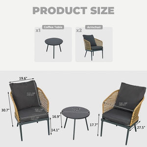 3-Piece Outdoor Furniture Set, Patio Wicker Bistro Set with Coffee Table and 2 Arm Chairs for Porch, Backyard