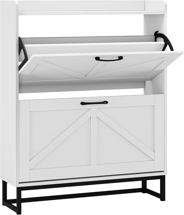 2-Tier White Farmhouse Shoe Cabinet, Wooden Shoe Storage Organizer with Flip Drawers, Adjustable Shelves & Metal Base, Modern Narrow Shoe Rack for Entryway, Hallway, or Bedroom