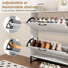 2-Tier White Farmhouse Shoe Cabinet, Wooden Shoe Storage Organizer with Flip Drawers, Adjustable Shelves & Metal Base, Modern Narrow Shoe Rack for Entryway, Hallway, or Bedroom