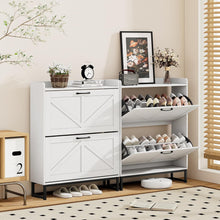 2-Tier White Farmhouse Shoe Cabinet, Wooden Shoe Storage Organizer with Flip Drawers, Adjustable Shelves & Metal Base, Modern Narrow Shoe Rack for Entryway, Hallway, or Bedroom