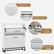 2-Tier White Farmhouse Shoe Cabinet, Wooden Shoe Storage Organizer with Flip Drawers, Adjustable Shelves & Metal Base, Modern Narrow Shoe Rack for Entryway, Hallway, or Bedroom