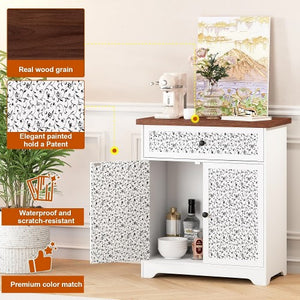 Buffet Sideboard Cabinet with Drawer & Storage, Accent Storage Cabinet with Patterned Doors for Home, Living Room, Kitchen, Entryway