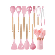 12-Piece Silicone Kitchen Utensils Set with Wooden Handles & Plastic Holder, Heat-Resistant, Non-Stick, BPA-Free Cooking Tools for Home & Professional Use