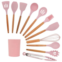 12-Piece Silicone Kitchen Utensils Set with Wooden Handles & Plastic Holder, Heat-Resistant, Non-Stick, BPA-Free Cooking Tools for Home & Professional Use