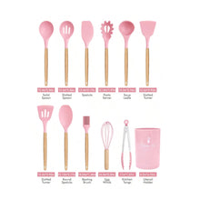 12-Piece Silicone Kitchen Utensils Set with Wooden Handles & Plastic Holder, Heat-Resistant, Non-Stick, BPA-Free Cooking Tools for Home & Professional Use