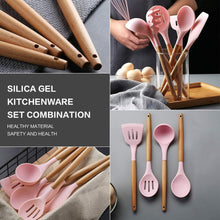 12-Piece Silicone Kitchen Utensils Set with Wooden Handles & Plastic Holder, Heat-Resistant, Non-Stick, BPA-Free Cooking Tools for Home & Professional Use