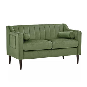 55" inch Velvet Loveseat Sofa, 2 Seater Upholstered Sofa Chair with Dual Pillows, Side Pockets for Home, Living Room (Green)