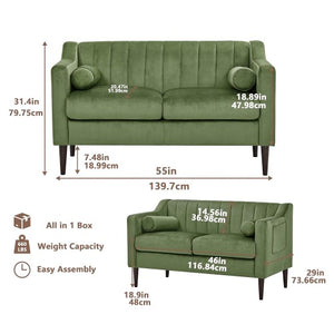 55" inch Velvet Loveseat Sofa, 2 Seater Upholstered Sofa Chair with Dual Pillows, Side Pockets for Home, Living Room (Green)