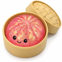 Glitter bun squishy toy with steamer-style storage case