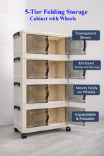5-Tier Folding Storage Cabinet with Wheels – Stackable Plastic Organizer with Transparent Dustproof Doors for Bedroom, Office, Kitchen & Closet