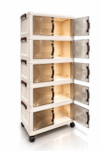 5-Tier Folding Storage Cabinet with Wheels – Stackable Plastic Organizer with Transparent Dustproof Doors for Bedroom, Office, Kitchen & Closet