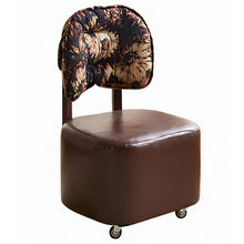 Vintage-Style Rolling Vanity Chair with Floral Backrest Cushion, Upholstered Seat, and 360° Caster Wheels – Brown - Brown