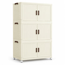 3-tier cream foldable storage cabinet with doors and casters