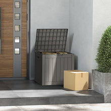 Outdoor Storage Box – Waterproof Resin Deck Chest with Lockable Lid, Wood-Grain Look, Built-In Handles, All-Weather Patio, Garden & Pool Cushion Storage (Grey)