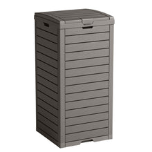 31-Gallon Outdoor Trash Can with Lid – Weather-Resistant Resin Garbage Bin, Slim Space-Saving Design, Pull-Out Leak Tray, Fast Assembly for Patio, Deck & Garden (Grey)
