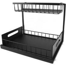 2-Tier Under Sink Sliding Organizer Rack, Pull-Out Storage Shelf with Upper Basket, Metal Frame, Smooth Slide Rails, Space-Saving Cabinet Organizer for Kitchen, Bathroom & Pantry – Black